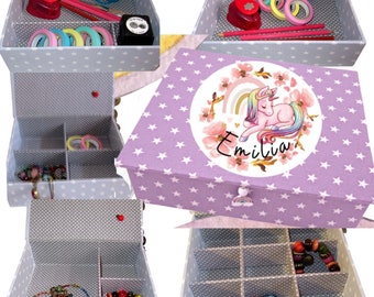 Kinderkästchen, Schmuckiste, Namensbox, flieder Emilia Einhornbaby, personalisierte, liebevoll handgemachte Geschenke Fächer-Box aus Bayern