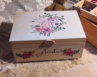 large 2-piece 7-compartment jewelry box, name box "Annelie" boho unicorn roses, gift box child, girl box, children's jewelry box for birthday