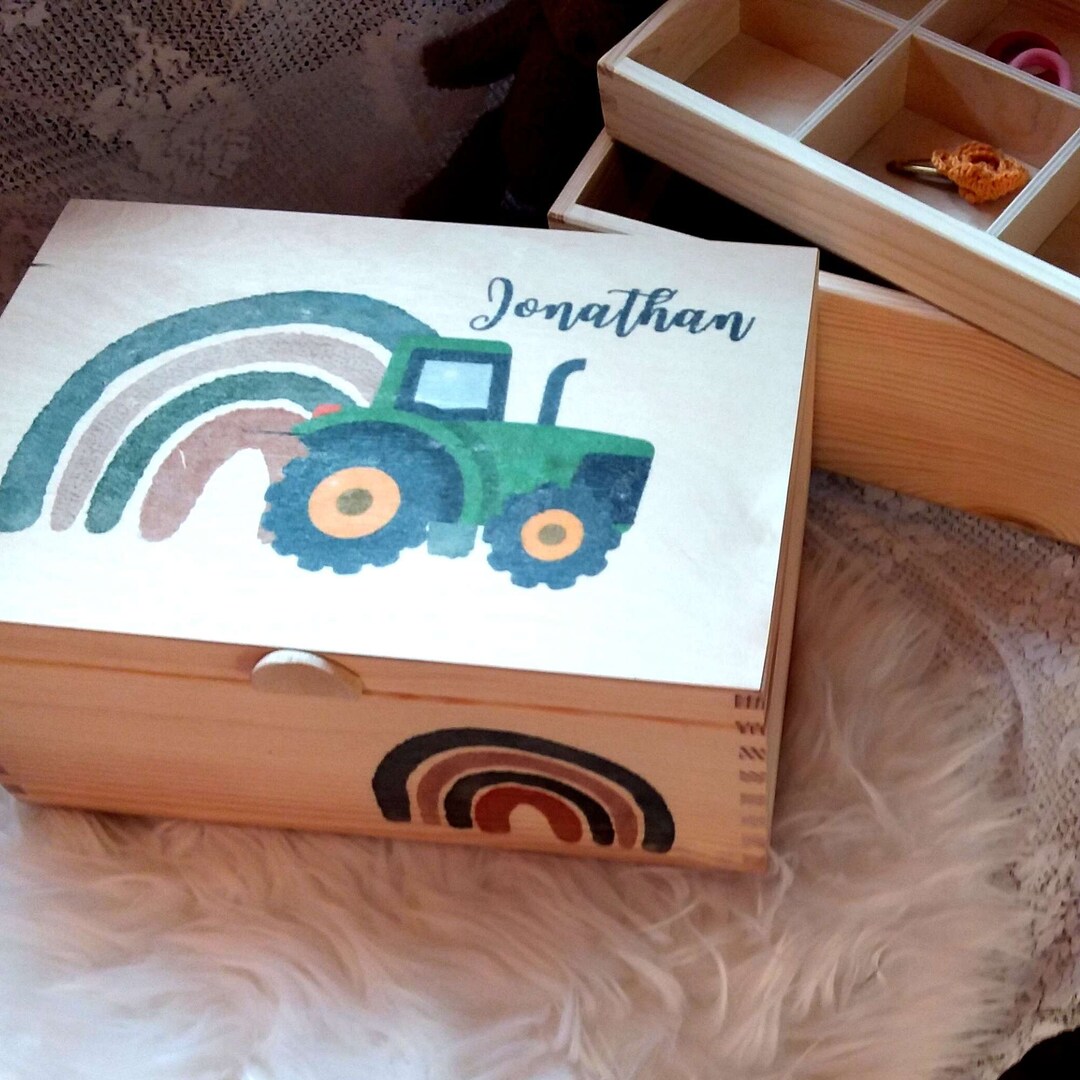 Christening Gift, Memory Box Tractor, Personalized Wooden Treasure