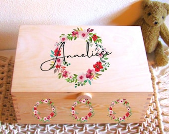 large 2 pcs. Compartmental treasure chest, girl gift name box, child, wooden casket, boho flower wreath, XXL jewelry box, birthday gift box