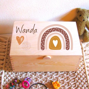 large compartment treasure chest with name Wanda gnome door, girls gift box, jewelry box, baby casket, gift, birth, baptism, birthday Deckelmotiv mit Name