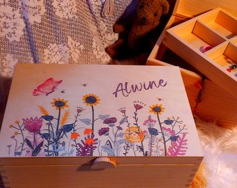 large 2 pcs. 7 compartment treasure chest, name box "Alwine Blumenwiese", gift box + name, wooden jewelry box, gift box for girls children's room box