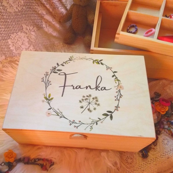 2 pcs. large jewelry box wooden name box, gift box hand-printed, flower wreath, personal gift, communion, birthday, girl