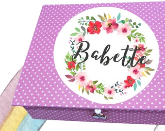 mit Namen, lila Kinder-Schmuck-Kistchen 0-9 Fächer, Box, Blumenkranz, Schmuckbox, Nähkästchen, Stiftebox Mädchen, Haarschmuckbox, Geschenk