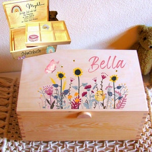 personalisierte gr. 2tlg. 7-Fächer-Schatzkiste, Mädchen Geschenk Schmuckkästchen, Namensbox Bella Blumenwiese, Kommunion, Taufe, Geburtstag