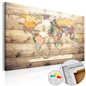 Mapa Mundo em Cortiça Tábuas Bege 120x80, Quadro de parede, Quadro em tela, Quadro ecológico