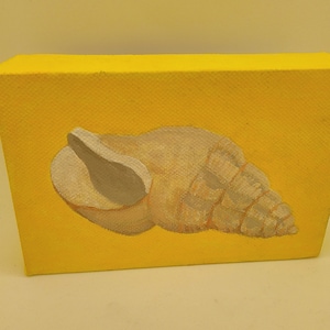 May include: A painting of a seashell on a yellow background. The seashell is painted in shades of brown, white, and grey.