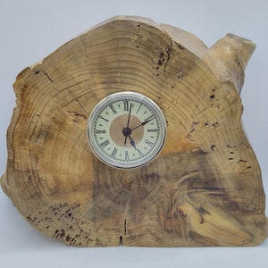 Può includere: Un orologio in legno con un quadrante rotondo e numeri romani. L'orologio è montato su una spessa fetta di legno con anelli di crescita visibili.
