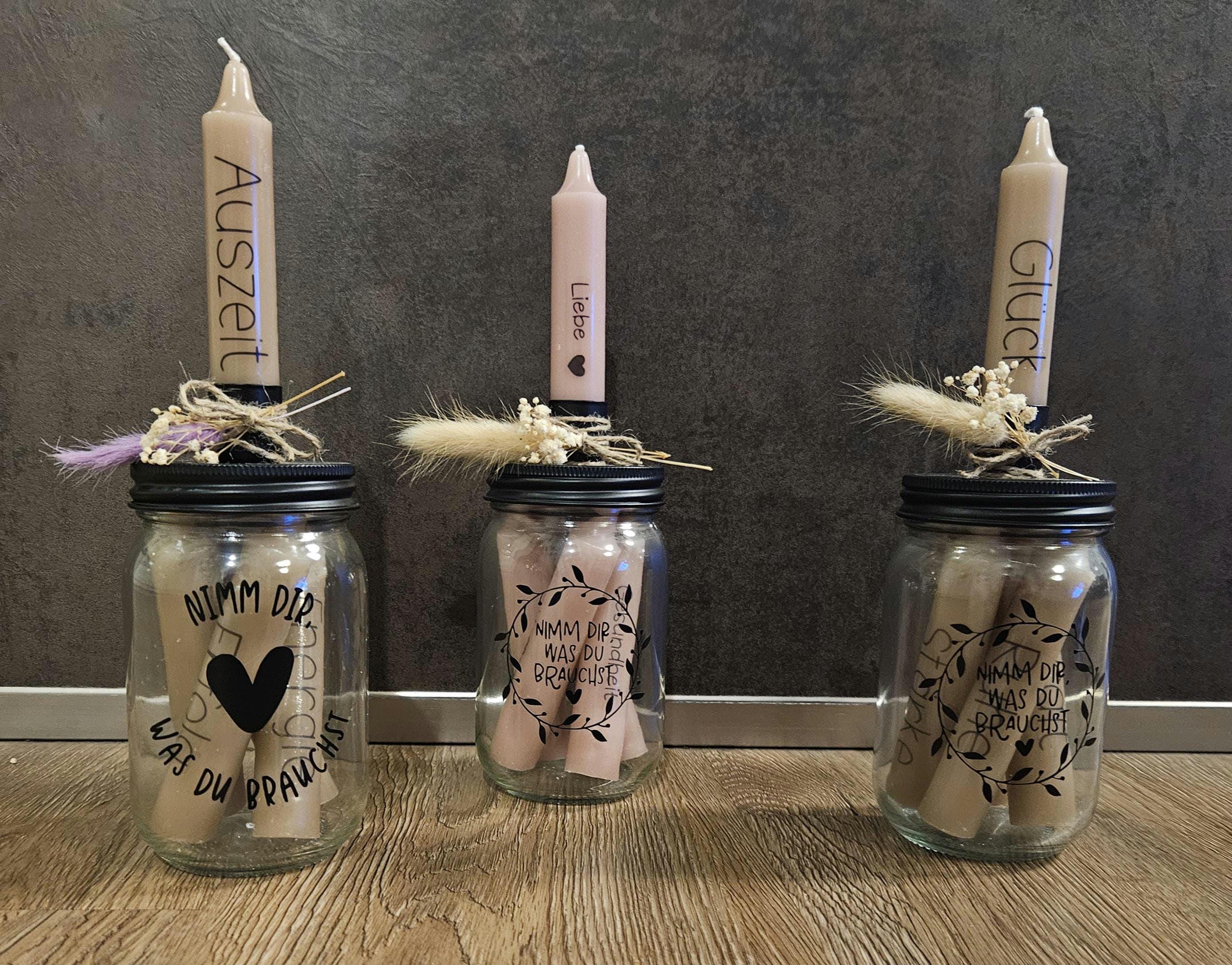 Candles in a glass with a holder in the lid with a saying and small decoration/ great gift