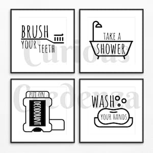 Badezimmer-Grafik, waschen Sie Ihre Hände, putzen Sie Ihre Zähne, nehmen Sie eine Dusche, setzen Sie auf Deodorant, SVG PNG JPG digitaler Download