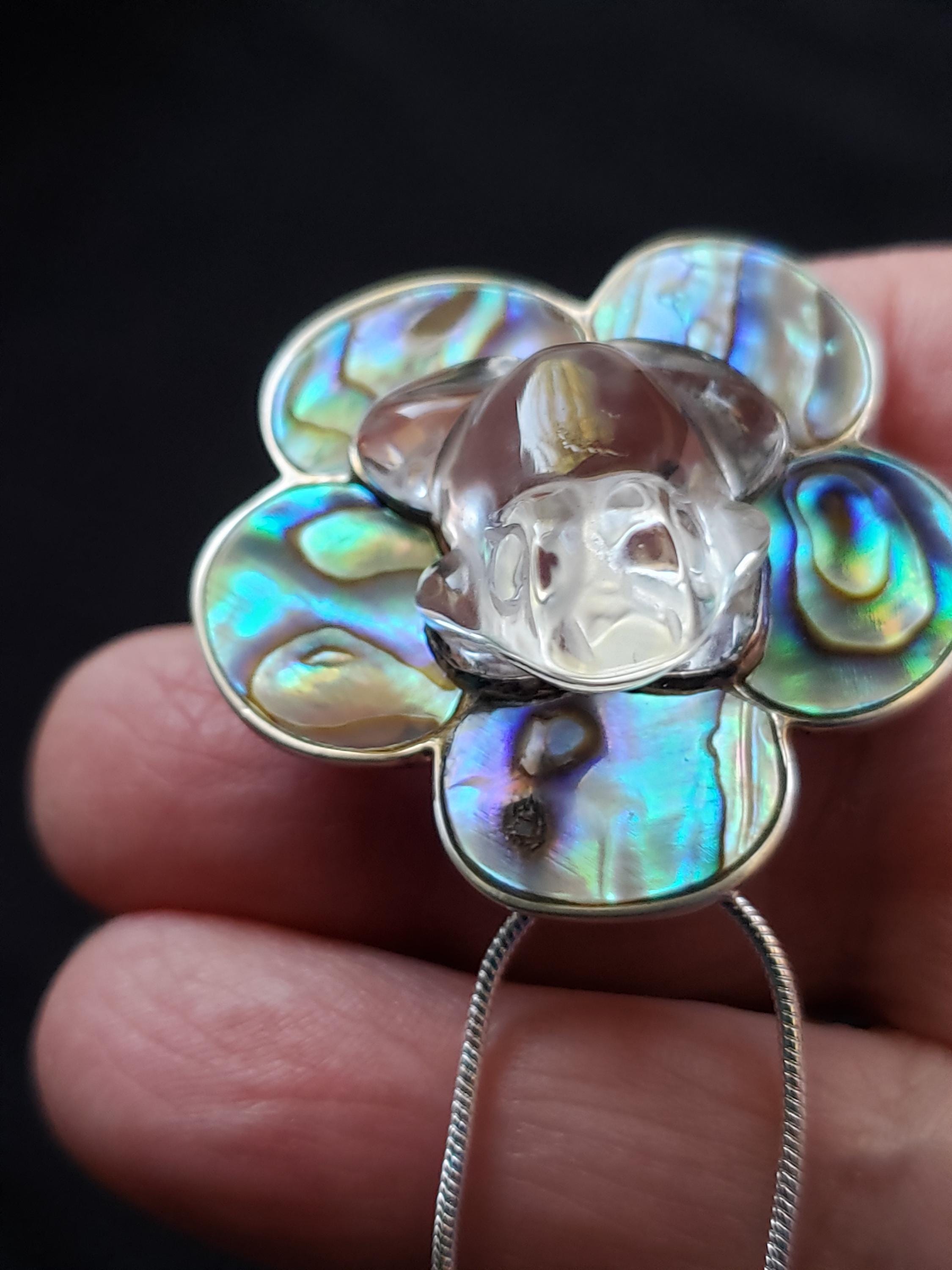 On Sale Sajen Crystal Quartz Frog Pendant on an Abalone Lily pad