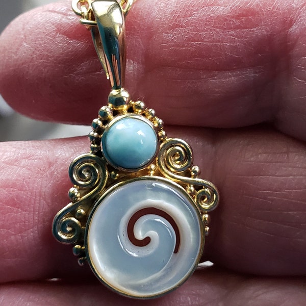 Sajen Pendant in MOP and Larimar SS gold vermeil