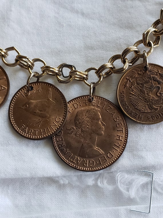 On Sale Coin Charm Bracelet 7" Foreign Coins from… - image 1
