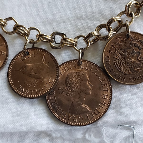 On Sale Coin Charm Bracelet 7" Foreign Coins from England, India, etc. 1954-1959 Queen Elizabeth 11