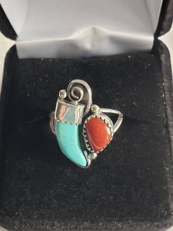 Turquoise and Coral size 8.5 SS ring Navaho vintag