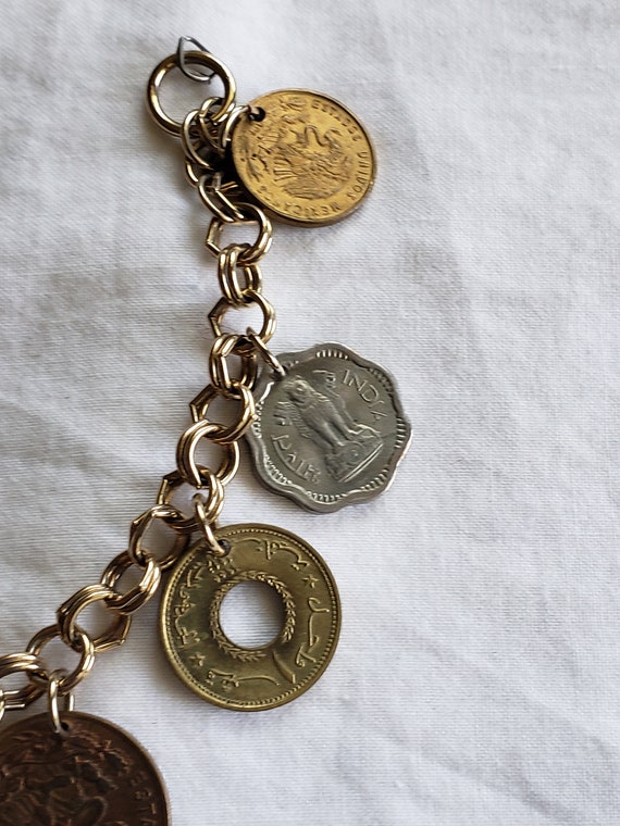 On Sale Coin Charm Bracelet 7" Foreign Coins from… - image 4