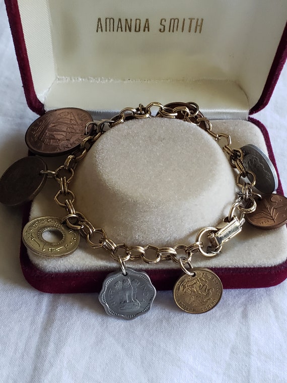 On Sale Coin Charm Bracelet 7" Foreign Coins from… - image 2
