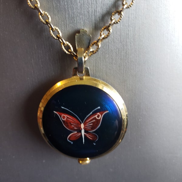 On Sale Vintage Enamel Pendant Watch with Butterflies on a 24" chain works well