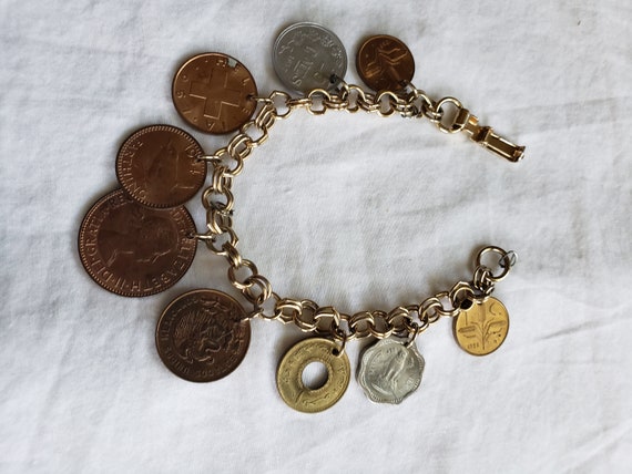 On Sale Coin Charm Bracelet 7" Foreign Coins from… - image 6