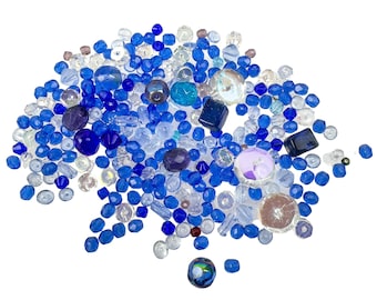 Glass beads, faceted beads, shades of blue, red or rainbow mixed, approx. 300g, more than 1000 beads in various shapes 3-10 mm diameter