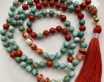 Coral Reef Mala Coral Turquoise Spiny Oyster Luxury Mala with Swap Pendant 108 Pearls Mala Yoga Jewelry