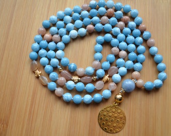 Sea Glow Mala Larimar Aquamarine Sunstone Luxury Mala with Swap Pendant 108 Beads Mala Yak Hair Tassel