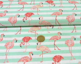 Niva Hilco cotton woven fabric poplin white mint green with flamingos and stripes 50 cm, 15,30 EUR/meter