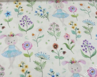 17.50 EUR/Meter Girls Flowers Rabbit Hilco ecru Cotton Woven Fabric Poplin with Flowers and Bunnies 50 cm