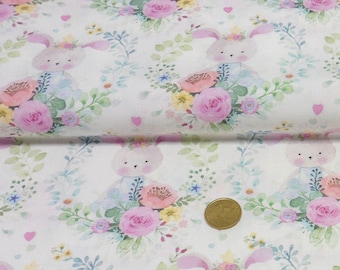 Girls Thing Rabbit Hilco Cotton Woven Fabric Poplin ecru with bunnies and flowers 50 cm 17.50 EUR/Meter