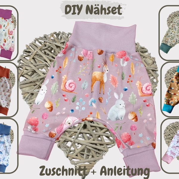DIY Nähset Baby Pumphose Stoffzuschnitte Nähpaket Jersey plus Bündchen Geschenk Baby verschiedene Designs
