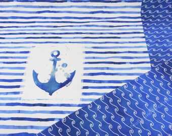 Neptunus Panel Hilco Baumwoll-Jersey weiß blau Kinderstoff Anker Streifen Wellen Motivstoff maritim