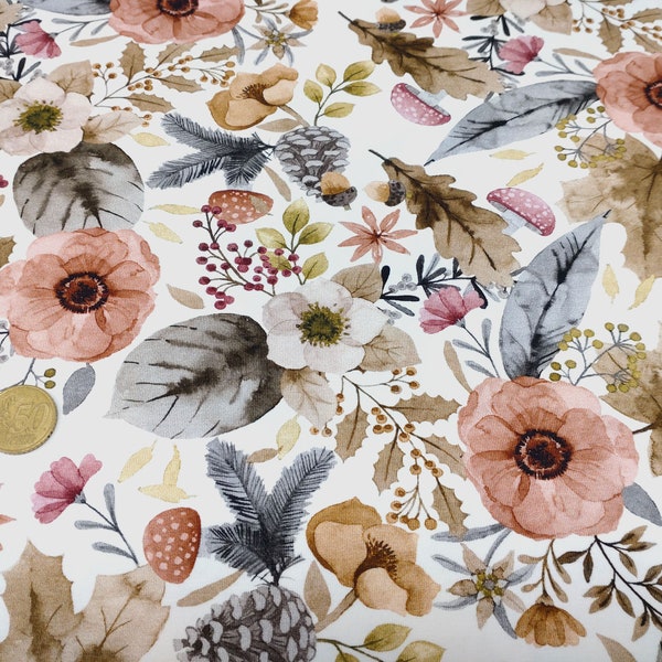 Lutin Flower Hilco ecru brown cotton-jersey children's fabric with flowers and mushrooms 50 cm, 22.98EUR/meter