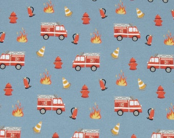 Fire Trap blue cotton jersey children's fabric with fire engine motifs 50 cm, 26.50 EUR/meter