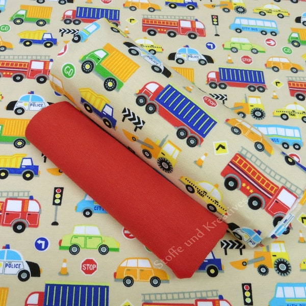 Stoffset City Cars Kinderstoff Fahrzeuge Jersey beige plus Bündchenstoff rot Stoffpaket