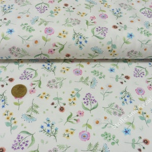 Liberty Hilco ecru katoenen jersey voor meisjes in pasteltinten met bloemen per meter aquarelstoffen 50 cm, 21,38 EUR/meter