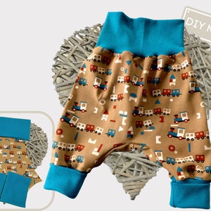 Stoffzuschnitte DIY Nähset Baby Pumphose nähen Jersey Eisenbahn plus Bündchen türkis Geschenk Baby Junge