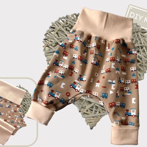 Stoffzuschnitte DIY Nähset Baby Pumphose nähen Jersey Eisenbahn plus Bündchen sand Geschenk Baby Junge