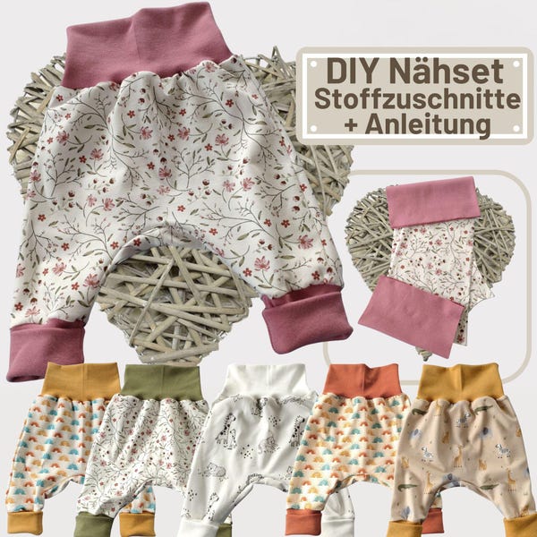 DIY sewing kit with fabric cutouts for sewing baby harem pants (jersey, cuffs) plus sewing instructions for grow-with-me pants – a perfect gift for a newborn.