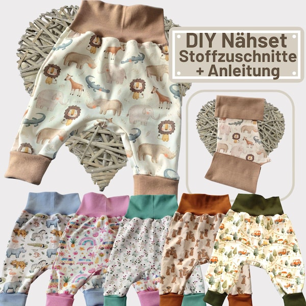 DIY sewing kit with fabric cutouts for sewing baby harem pants (jersey, cuffs) plus sewing instructions for grow-with-me pants – a perfect gift for a newborn.