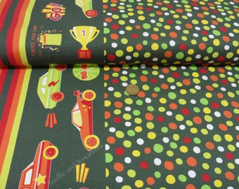 Dots Go Hilco green cotton jersey children's fabric vehicles and dots JaTiJu 50 cm, 22.40 EUR/meter