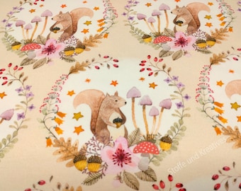 Autumn Medaillon Sweatshirt fabric by Hilco ecru brown French Terry squirrels 25 cm 21.64 EUR/m