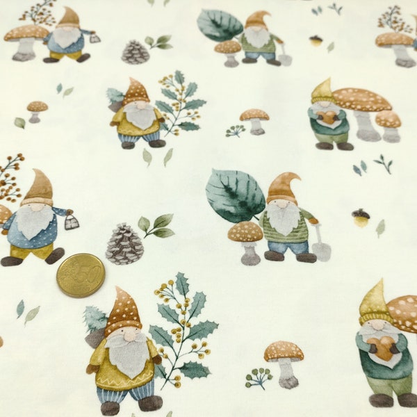 Lutin Hilco ecru, green cotton-jersey children's fabric with dwarfs 50 cm, 22.60 EUR/meter