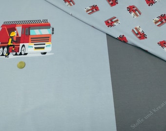 Fire Brigade Panel Grey Cotton Jersey Children's Fabric Fire Truck Motif Fabric for Boys