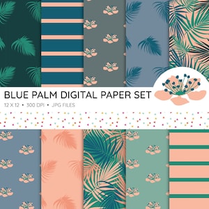Blue Palm Digital Paper Set | Digital Scrapbooking, Paper Pattern, Tropical, Palm leaves, Background, Blossom