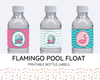 Printable Flamingo Pool Float Water Bottle Labels | DIY Party Decorations, Pool Party, Summer, Flamingos, Birthday Party