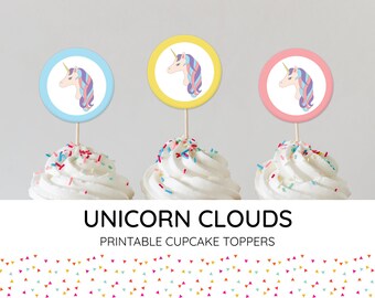 Unicornio Nubes Imprimible Cupcake Toppers / Unicornios, Pastel, Fiesta de Niñas, Cumpleaños, Baby Shower, Fiesta de Pijamas, Fiesta de Pijamas