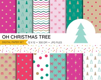 Oh Christmas Tree Digital Paper Set | Digital Scrapbooking, Paper Pattern, Christmas, Gifts, Presents, Bows, Dots, Bright, Trees, 12x12