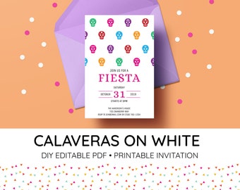 Calaveras en Invitación Imprimible Blanca / PDF Editable / Calaveras de Azúcar, Día de Muertos, Halloween, Fiesta Mexicana, Día de los Muertos