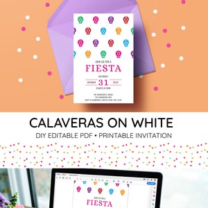 Calaveras on White Printable Invitation | Editable PDF | Sugar skulls, Day of the Dead, Halloween, Mexican Fiesta, Dia de los Muertos