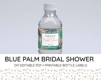 Blue Palm Bridal Shower Printable Bottle Labels | DIY Editable PDF, Tropical, Modern, Palm leaves, Water bottle
